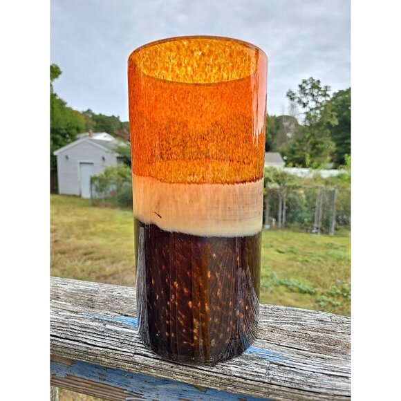 Hand Blown Art Glass Hurricane Vase Bands Mottled Orange BrownTortoiseshell